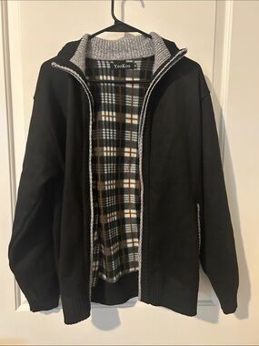 YeoKou Black Men's Zip-Up Sweater with Plaid Lining